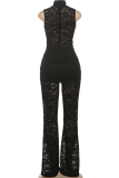 Black Sexy Solid Color Lace O Neck Skinny Jumpsuits