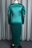 Green Elegant Solid Color Ruched V Neck Evening Dresses