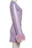 Purple Sexy Solid Color Sequins Deep V Neck Wrapped Skirt Dresses