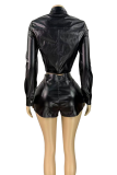 Black Casual Solid Color Buckle Turndown Collar Long Sleeve Two Pieces