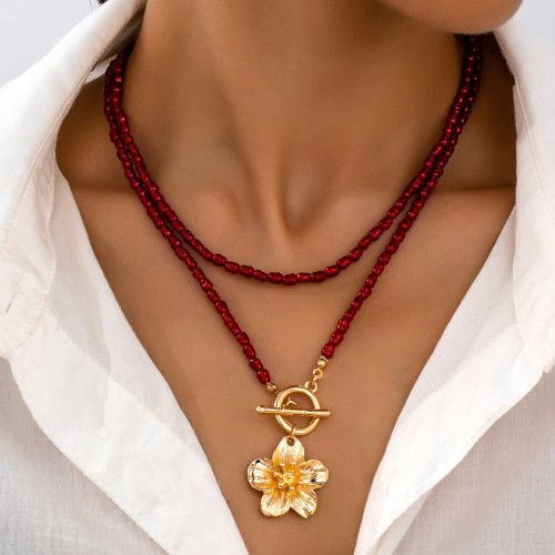 Red Daily Flowers Pearls Decor Necklaces