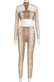 Snake Print Sexy Snakeskin Print Hollow Out Half A Turtleneck Long Sleeve Two Pieces