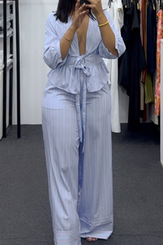 Blue Casual Stripe Strap Design Deep V Neck Three Quarter Two Pieces