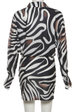 Black Sexy Print Buckle Turndown Collar Dresses