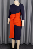 Tibetan Blue Elegant Ruched Contrast V Neck Wrapped Skirt Dresses
