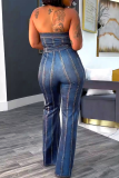Dark Blue Daily Faux Denim Print Zipper Strapless Straight Jumpsuits