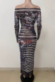 Black Sexy Print Off Shoulder Long Dresses