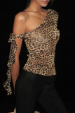 Leopard Print Sexy Leopard Print Patchwork Oblique Collar T-Shirts