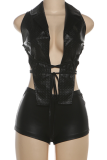Black Sexy Solid Color Cross Straps Deep V Neck Sleeveless Two Pieces