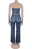 Dark Blue Daily Faux Denim Print Zipper Strapless Straight Jumpsuits