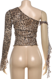 Leopard Print Sexy Leopard Print Patchwork Oblique Collar T-Shirts