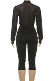 Black Sexy Solid Color Mesh Mandarin Collar Long Sleeve Two Pieces