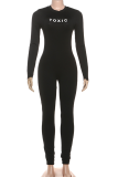 Black Casual Letters Patchwork O Neck Skinny Jumpsuits