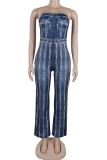 Dark Blue Daily Faux Denim Print Zipper Strapless Straight Jumpsuits