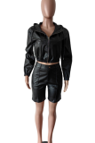 Black Casual Solid Color Zipper Zipper Collar Long Sleeve Two Pieces