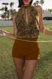 Brown Sexy Zipper Mandarin Collar Skinny Rompers