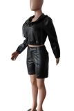 Black Casual Solid Color Zipper Zipper Collar Long Sleeve Two Pieces