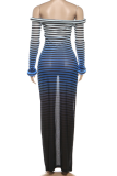 Blue Sexy Print Mesh Off Shoulder Long Dresses