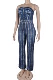 Dark Blue Daily Faux Denim Print Zipper Strapless Straight Jumpsuits