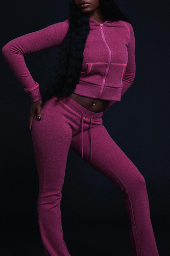 Rose Red Casual Solid Color Zipper Hooded Long Sleeve Two Pieces