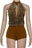 Brown Sexy Zipper Mandarin Collar Skinny Rompers