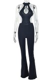 Black Sexy Solid Color Hollow Out Halter Skinny Jumpsuits