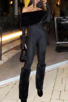 Black Casual Solid Color Patchwork Off Shoulder Skinny Jumpsuits