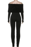 Black Casual Solid Color Patchwork Off Shoulder Skinny Jumpsuits