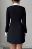 Black Casual Solid Color Buckle Contrast Turn-back Collar Suit Dresses