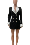 Black Casual Solid Color Buckle Contrast Turn-back Collar Suit Dresses