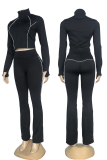 Black Casual Solid Color Zipper Zipper Collar Long Sleeve Two Pieces