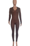 Coffee Casual Solid Color Patchwork V Neck Skinny Jumpsuits