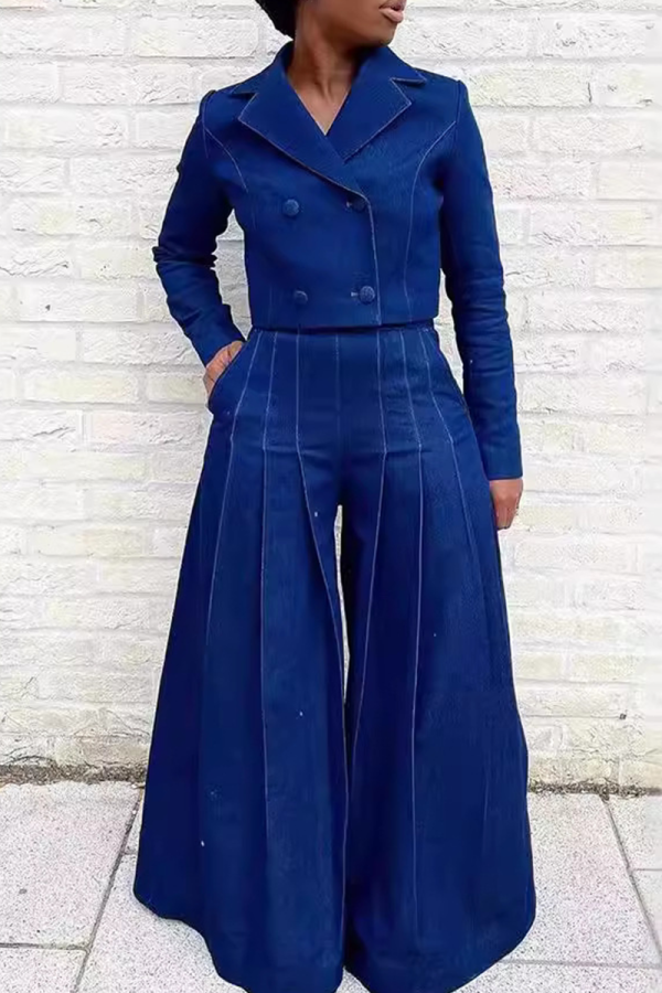 Deep Blue Casual Solid Color Buttons Turn-back Collar Long Sleeve Two Pieces