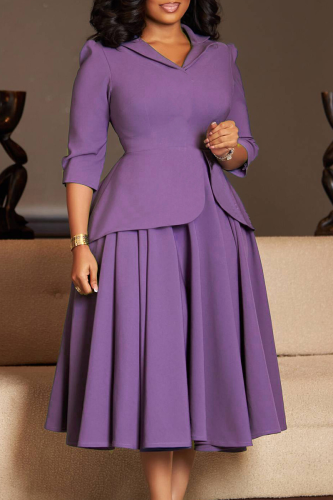 Purple Casual Solid Color Slit Turndown Collar Long Dresses