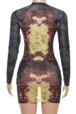 Multicolor Sexy Print Patchwork O Neck Wrapped Skirt Dresses