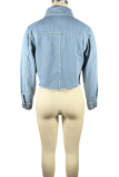 Blue Casual Solid Color Buckle Turndown Collar Long Sleeve Loose Denim Jacket