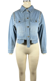 Blue Casual Solid Color Buckle Turndown Collar Long Sleeve Loose Denim Jacket
