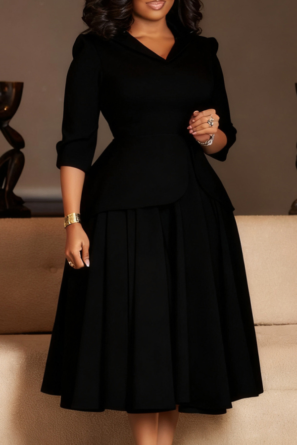 Black Casual Solid Color Slit Turndown Collar Long Dresses