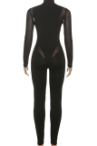 Black Sexy Solid Color See-Through Zipper Zipper Collar Skinny Jumpsuits