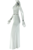 White Elegant Solid Color Hollow Out O Neck Long Dresses