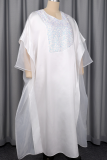 White Casual Solid Color Sequins V Neck Long Dresses
