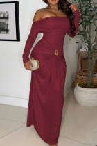 Burgundy Elegant Solid Color Ruched Off Shoulder Long Dresses