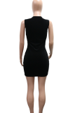 Black Sexy Solid Color See-Through Hot Drill O Neck Wrapped Skirt Dresses