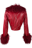 Black Casual Solid Color Zipper Fluffy V Neck Outerwear