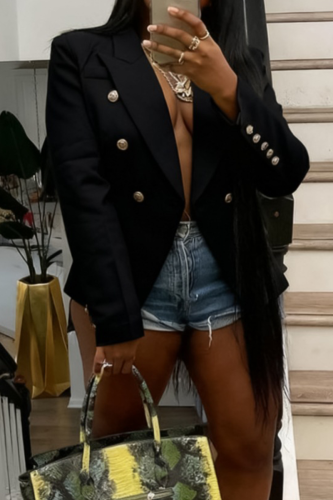 Black Casual Solid Color Buttons Turn-back Collar Outerwear