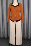 Brown Casual Buckle Contrast Asymmetrical Collar Long Sleeve Two Pieces
