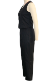 Black Casual Solid Color Buckle V Neck Sleeveless Two Pieces