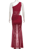 Burgundy Sexy Solid Color See-Through Oblique Collar Two Pieces