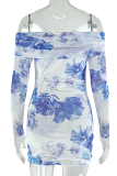 Blue Sexy Print Contrast Off Shoulder Wrapped Skirt Dresses