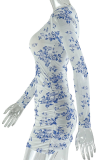 Blue Elegant Print Contrast O Neck Wrapped Skirt Dresses
